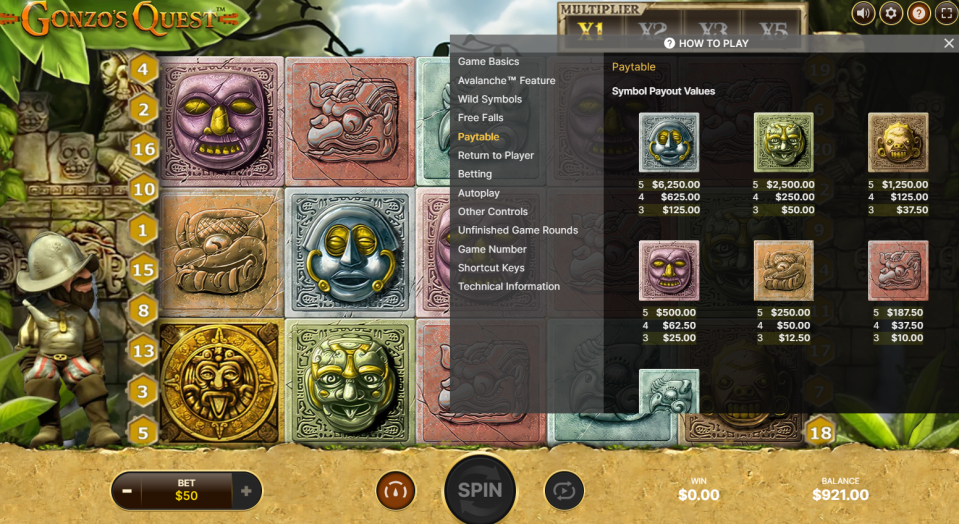 Gonzo's Quest base game – 5x3 reel grid with Aztec stone symbols