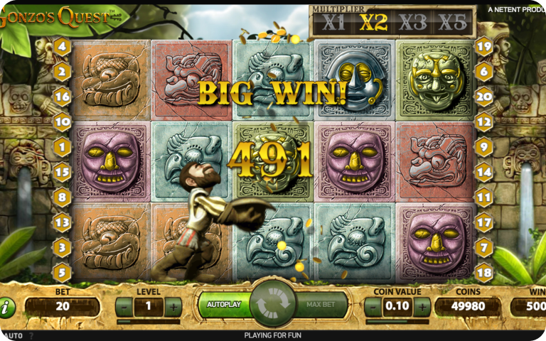 Gonzo's Quest Free Falls bonus – glowing reels with x10 multiplier active